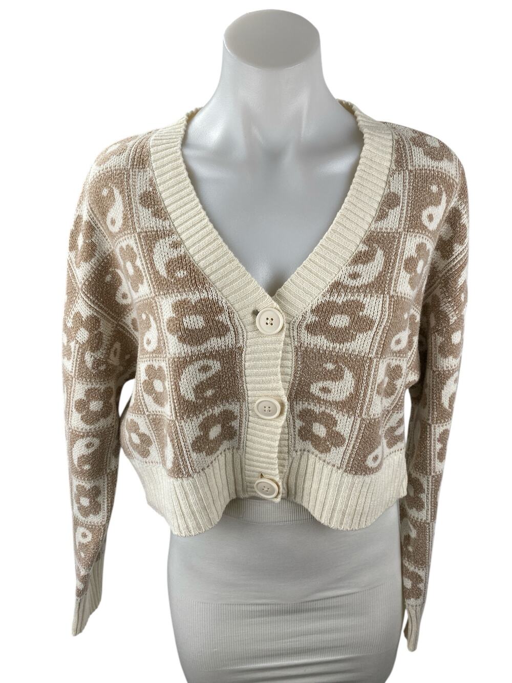 American Eagle Women's Beige Floral Yin Yang Crop Button Up Cardigan Sweater M